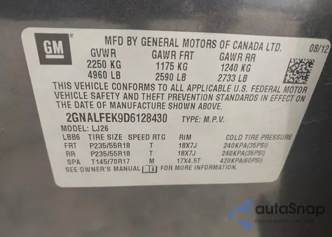 2013 Chevrolet Equinox Ltz из США, поврежденный, VIN 2GNALFEK9D6128430